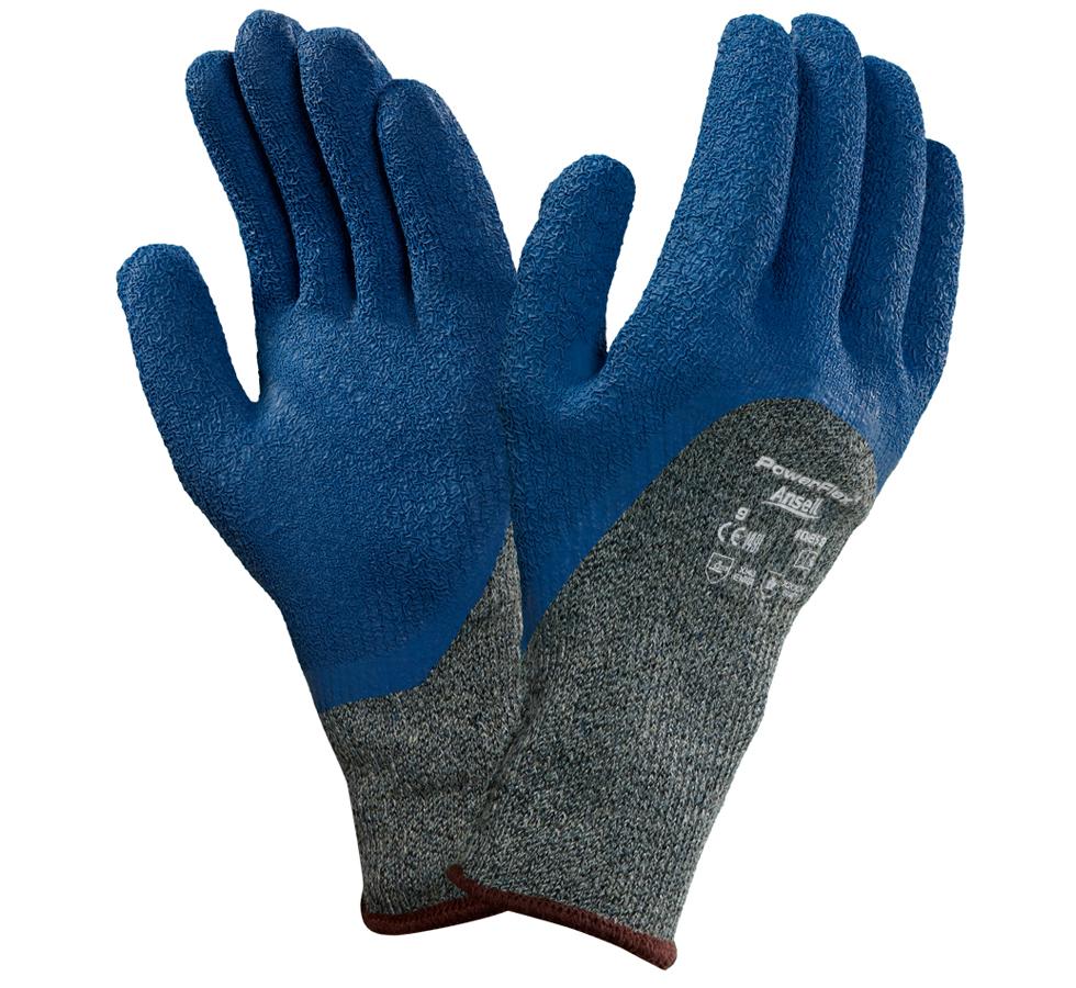 A Pair of Charcoal Grey and Navy Long Length Cuff POWERFLEX® 80-658 Knitted Gloves with Brown Beaded Cuff and White Lettering - Sentinel Laboratories Ltd