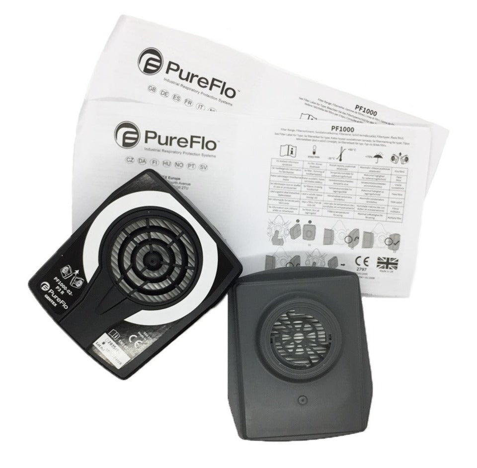 A Pair of Black and White PureFlo Half Mask Filters on Top of a Paper Pamphlet