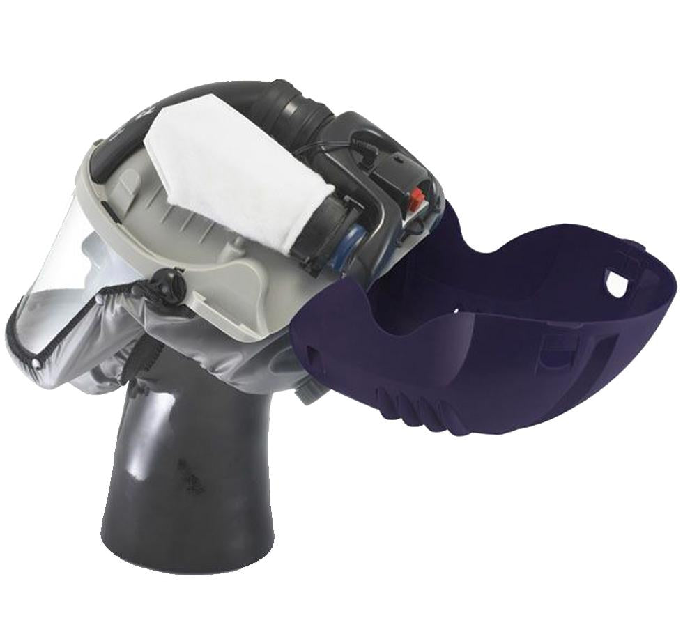 An Opened Blue Powered PureFlo™ Purelite Xstream Dust Mask on a Dark Grey Mannequin Head - Sentinel Laboratories Ltd
