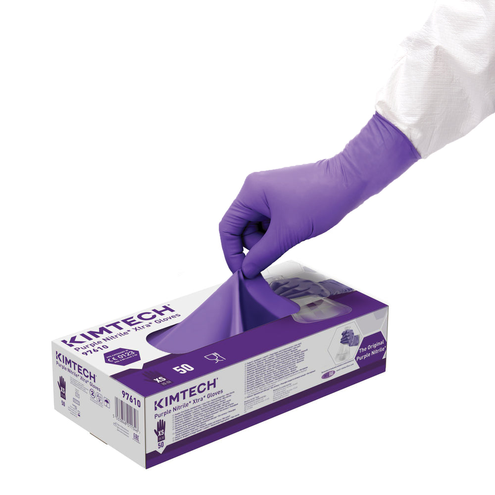Person Wearing a Purple Glove opening White and Purple Box of KIMTECH* PURPLE NITRILE XTRA* Gloves - 30cm Ambidextrous - 97610 - Sentinel Laboratories Ltd
