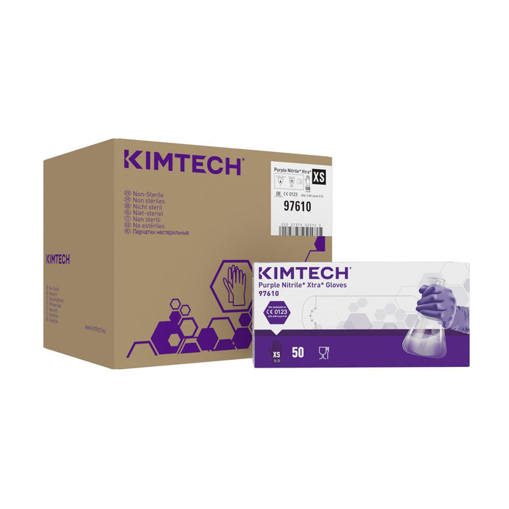 A Case and White and Purple Box of KIMTECH* PURPLE NITRILE XTRA* Gloves - 30cm Ambidextrous - 97610 - Sentinel Laboratories Ltd