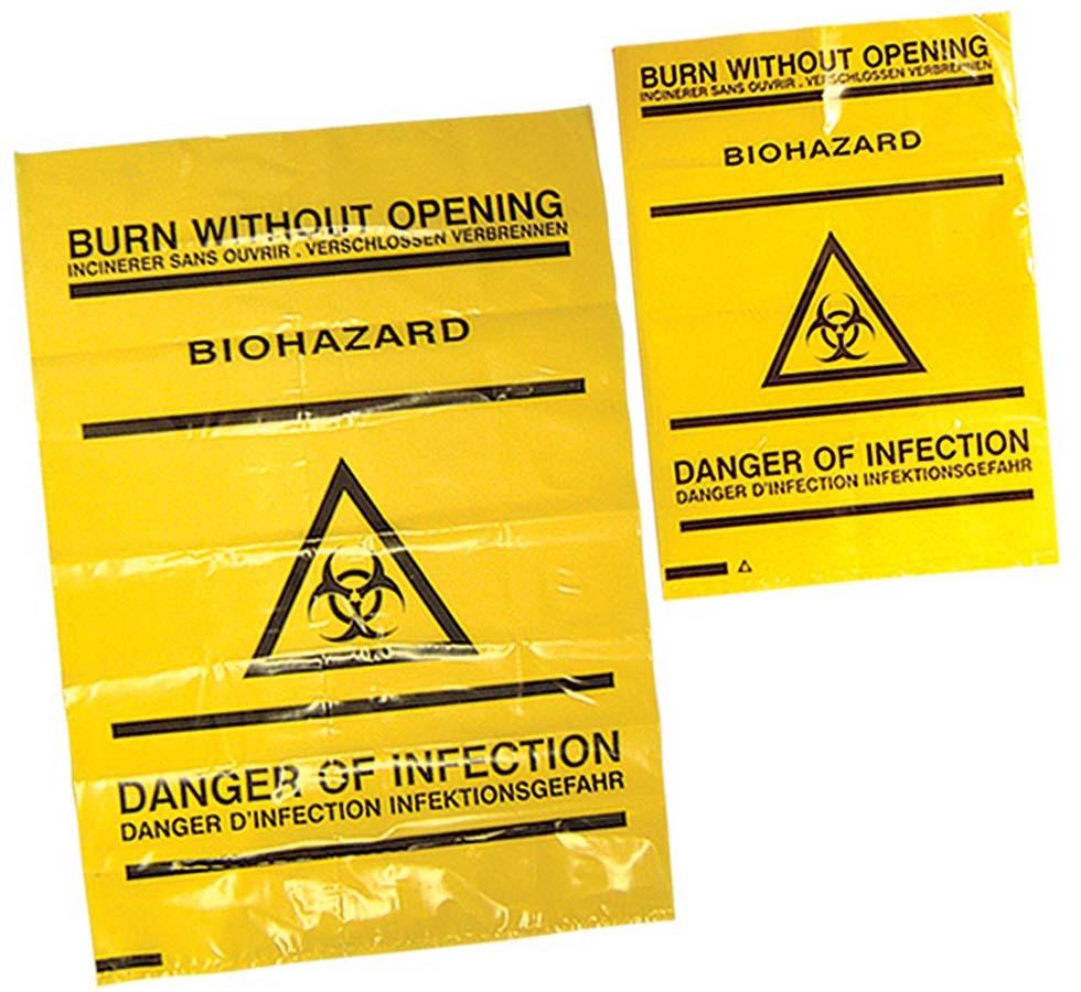 Small and Larger Yellow Self Seal Waste Bag, 50 Pack - Biohazard Warning Label - Sentinel Laboratories Ltd