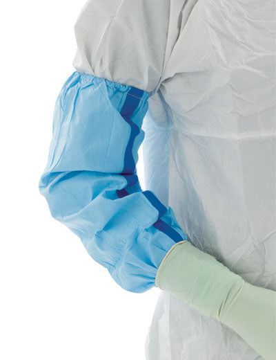 A Person in a White Coverall and Gloves Wearing a Blue BioClean-C Sterile Chemotherapy Protective Sleeve Covers - Sentinel Laboratories Ltd