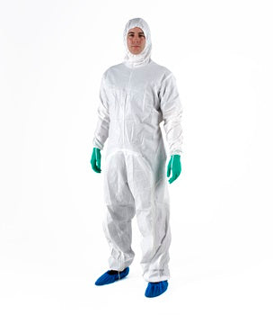 A Man Wearing a White Drop-down Sterile Garment with Hood S-BDSH