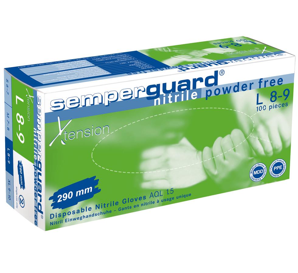 Single Green, White and Blue Box of Semperguard Xtension Nitrile Examination Gloves, Powder Free - Sentinel Laboratories Ltd