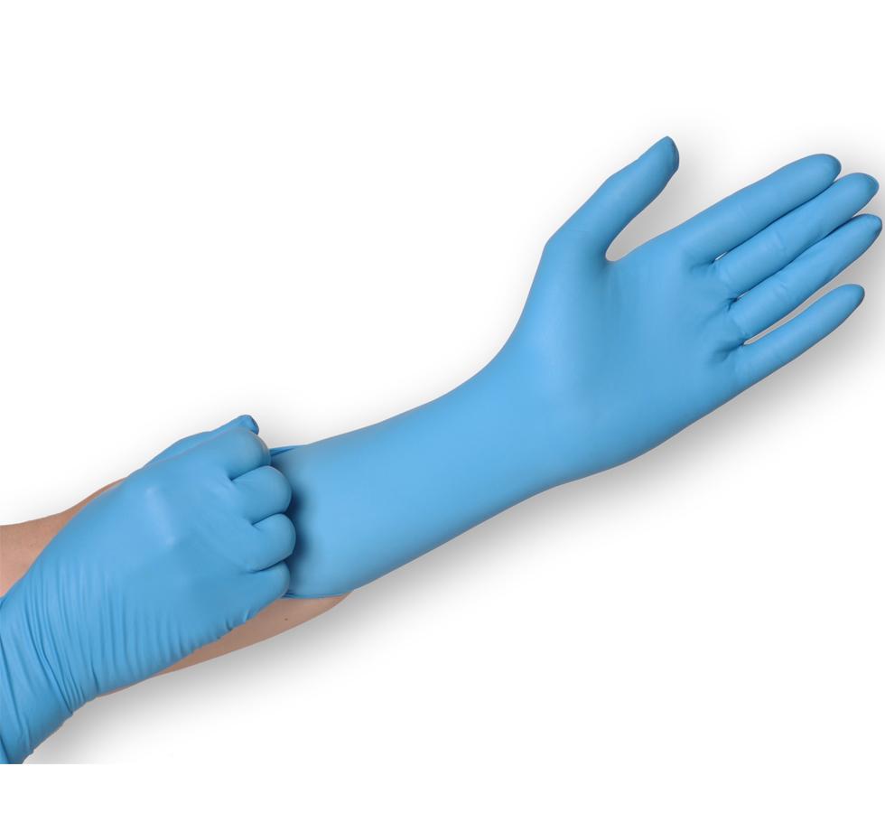 A Person Donning a Pair of Blue Semperguard Xtension Nitrile Examination Gloves, Powder Free Long Length Cuff - Sentinel Laboratories Ltd