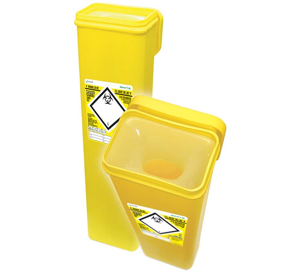 Yellow Sharpsafe® 7.5 Litre Quiver Protected Access Sharps Bin - Hazard Symbol - Sentinel Laboratories Ltd
