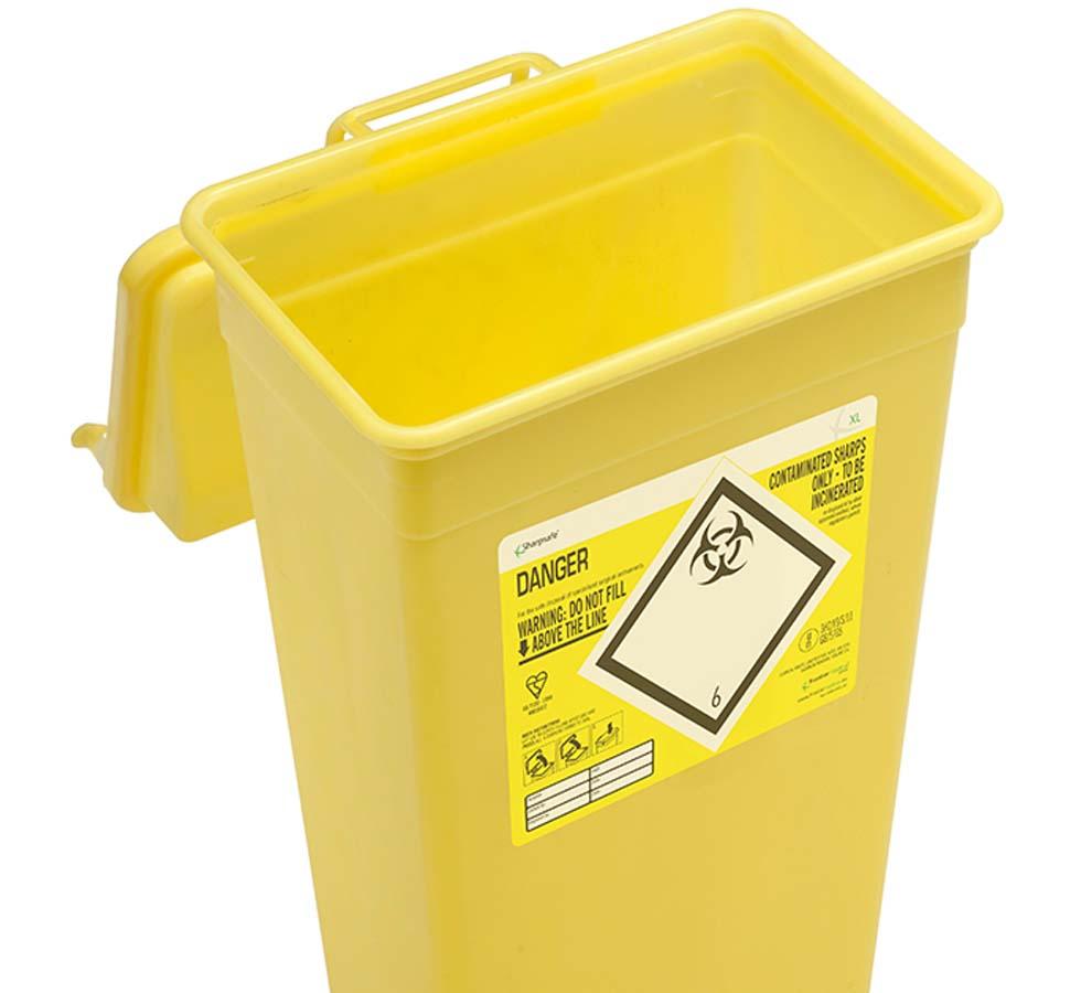 A Yellow Sharpsafe® XL 25 Litre Sharps Bin with Open Yellow Lid - Sentinel Laboratories Ltd