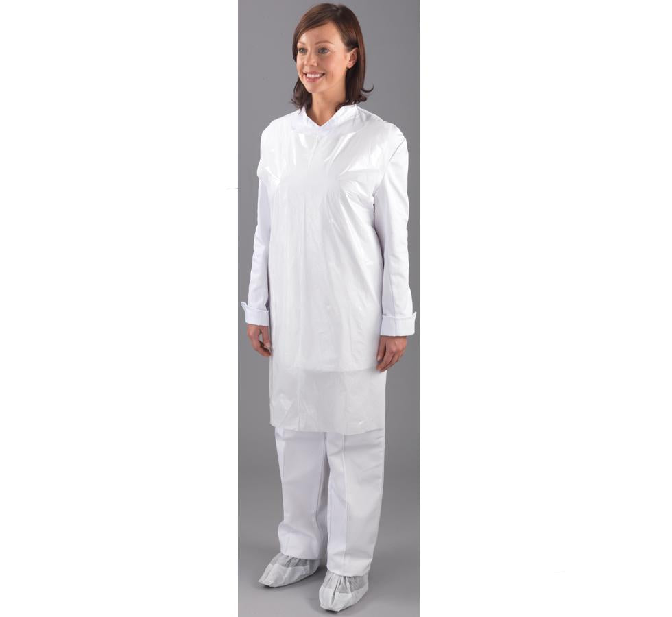 Woman wearing Shield 69 x 122cm Polythene Apron with White Overshoes and Trousers - White/Blue - Sentinel Laboratories Ltd
