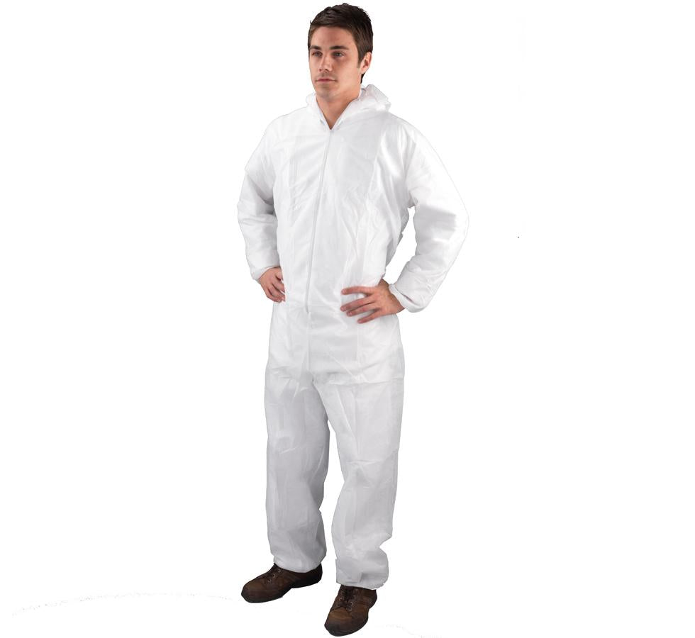 Man Wearing White Shield DC03 Non-Woven Coveralls with Brown Boots - White Background - Sentinel Laboratories Ltd