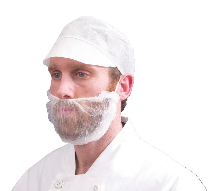 Man Wearing a White Shield DK05 Beard Mask/Snood with White Buttoned Up Chef Coat and White Peaked Cap - Sentinel Laboratories Ltd