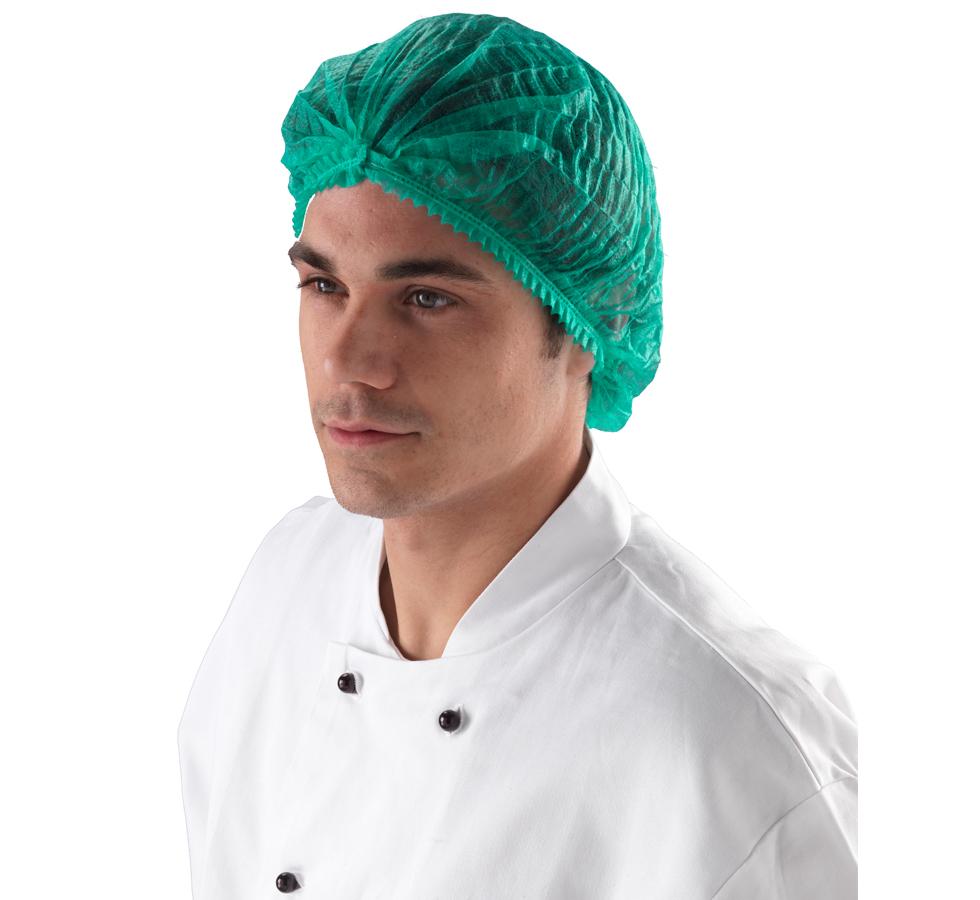 A Man Wearing a See-Through Green Shield DM01 Mob Cap Hair Net with a White Chef's Coat with Black Buttons - Sentinel Laboratories Ltd