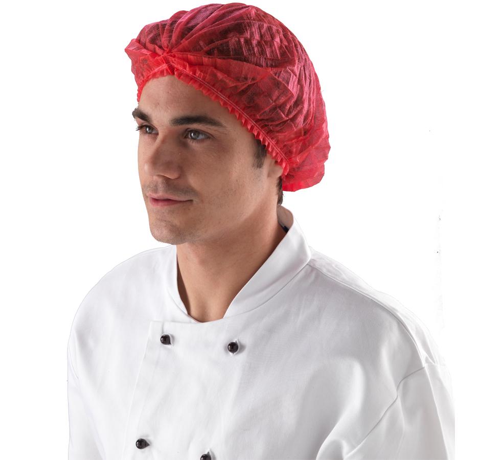 A Man Wearing a See-Through Red Shield DM01 Mob Cap Hair Net with a White Chef's Coat with Black Buttons - Sentinel Laboratories Ltd