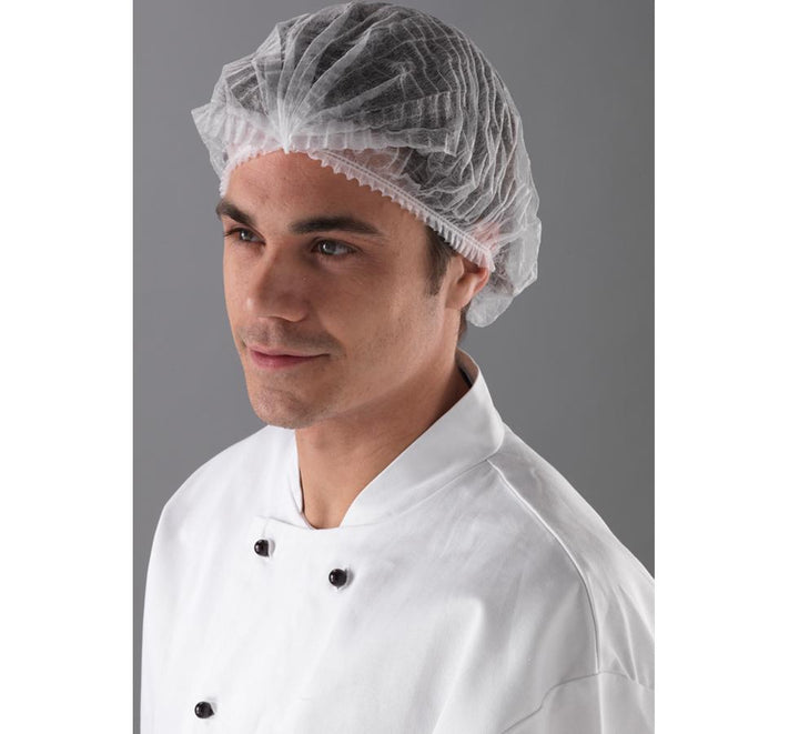 A Man Wearing a See-Through White Shield DM01 Mob Cap Hair Net with a White Chef's Coat with Black Buttons - Sentinel Laboratories Ltd