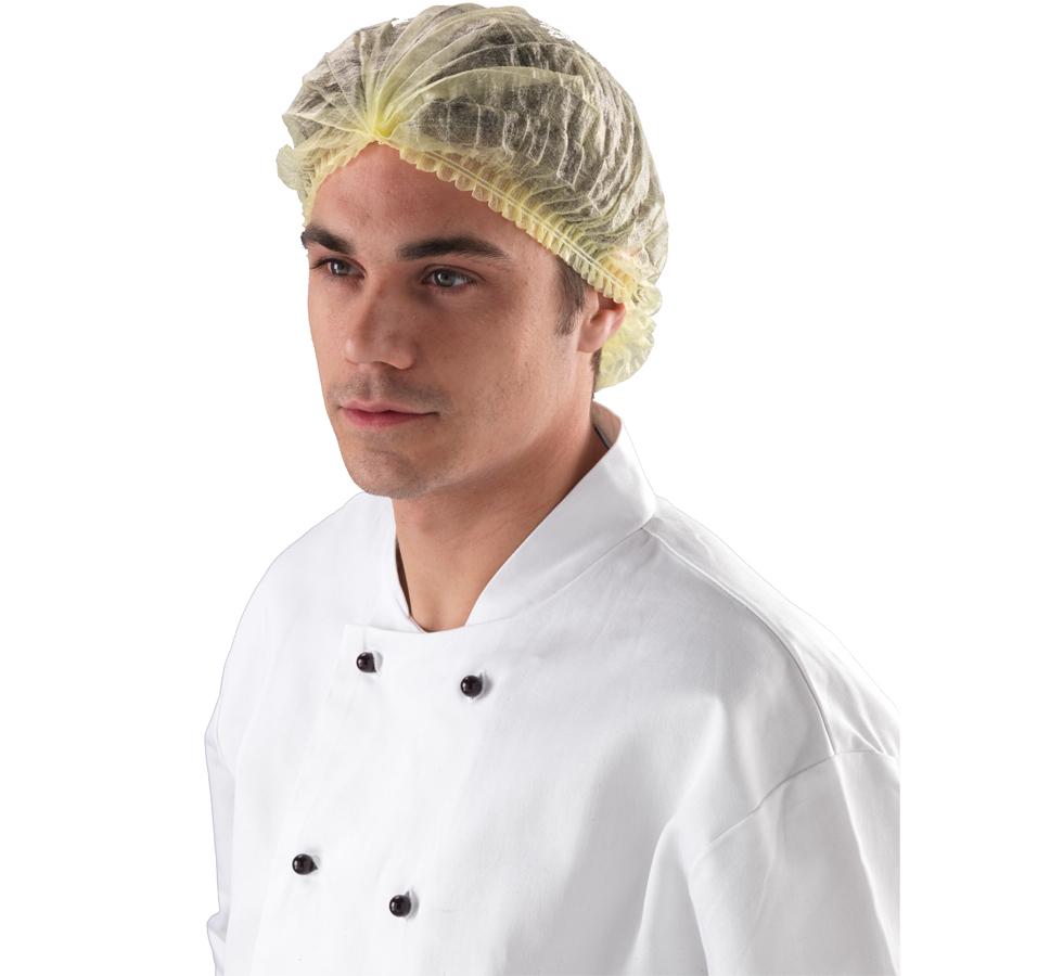 A Man Wearing a See-Through Yellow Shield DM01 Mob Cap Hair Net with a White Chef's Coat with Black Buttons - Sentinel Laboratories Ltd