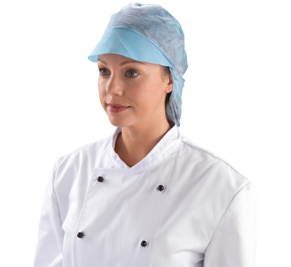 A Woman Wearing a See-Through Blue Shield DM03 Snood Cap Hair Net with a White Chef's Coat with Black Buttons - Sentinel Laboratories Ltd
