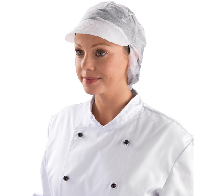 Woman wearing a White Shield DM03 Snood Cap with White Buttoned Chef Coat - Sentinel Laboratories Ltd