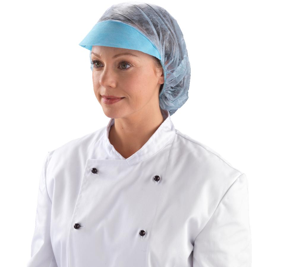 A Woman Wearing a Blue Shield DM05 Peaked Bouffant Cap Hair Net and a White Chef's Coat with Black Buttons - Sentinel Laboratories Ltd