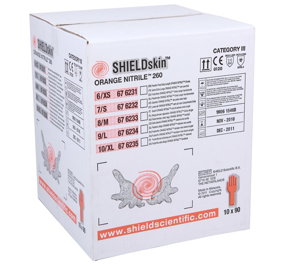A White and Orange Box of SHIELDskin™ ORANGE NITRILE™ 260 Gloves - Sentinel Laboratories Ltd
