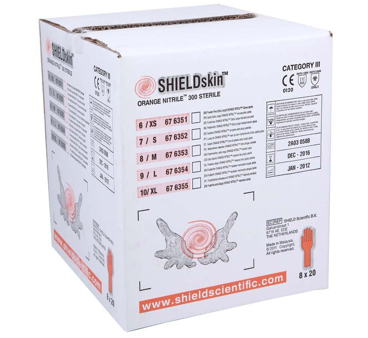 A White and Orange Box of Sterile SHIELDskin™ ORANGE NITRILE™ 300 Gloves - Sentinel Laboratories Ltd