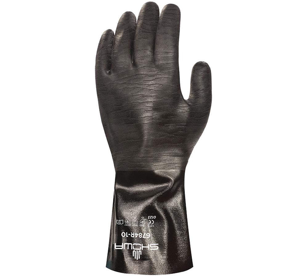 A Single Shiny Black 6784R Neo Grab Neoprene-Coated Cotton Liner, 355mm Gauntlet Glove - White Lettering on Cuff - Sentinel Laboratories Ltd