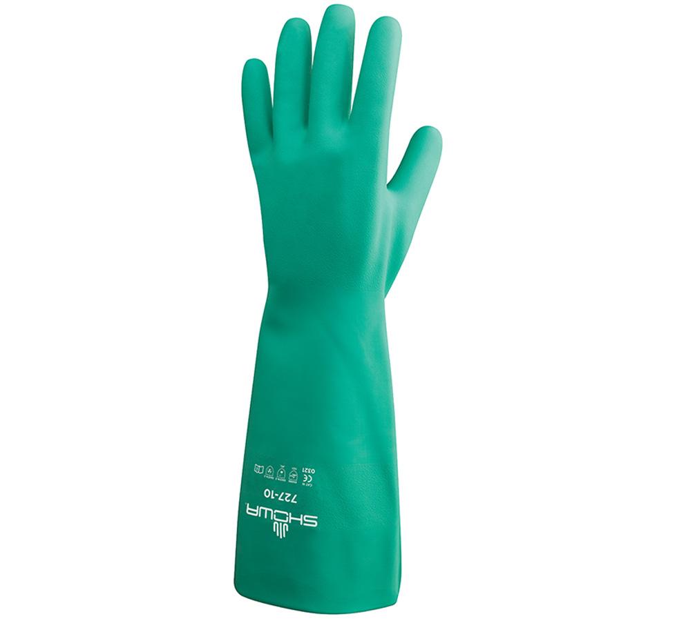 A Single Teal Coloured Showa Best 727 Nitri-Solve® Long Length Cuff Glove with White Lettering - Unlined 0,38mm thick, 330mm long - Sentinel Laboratories Ltd