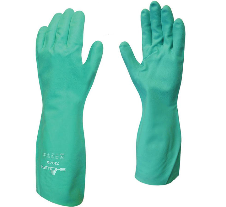 A Pair of Green Showa Best 730 Nitri-Solve® Nitrile Long Length Cuff Gloves - Flock Lined 0,38mm thick, 330mm long - Sentinel Laboratories Ltd