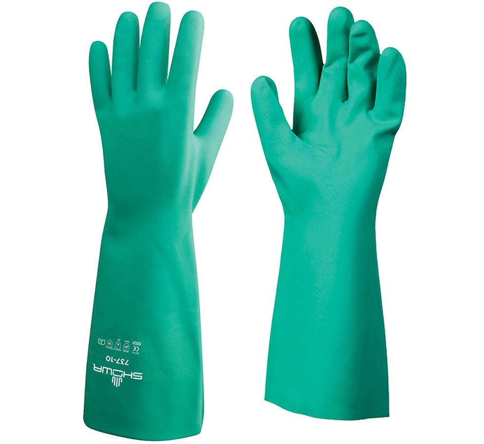 A Pair of Green Showa Best 737 Nitri-Solve® Long Length Cuff Gloves with White Branding and Text - Unlined 0,56mm thick, 380mm long - Sentinel Laboratories Ltd
