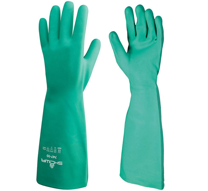 A Pair of Green Long Cuff Length Showa Best 747 Nitri-Solve® Nitrile Gloves - Flock Lined 0,56mm thick, 480mm long - Sentinel Laboratories Ltd