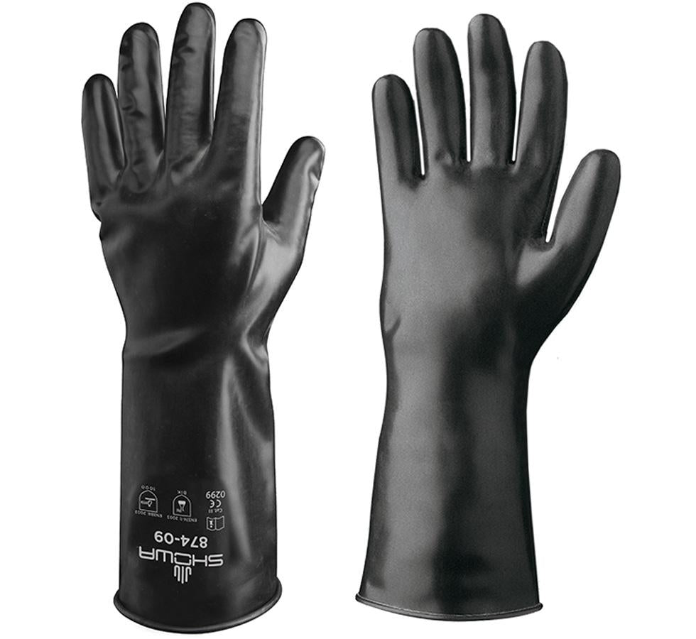 A Pair of Shiny Black Long Length Cuff Showa Best 874 Best® Butyl II Unlined Butyl Gloves with Showa White Text on Cuff - 0,35mm Thick, Smooth - Sentinel Laboratories Ltd