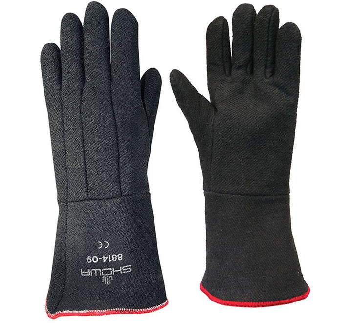A Pair of Black Long Cuff Showa Best 8814 Charguard® Heat Resistant Gloves 355mm long with White Showa Branding and Text - Sentinel Laboratories Ltd