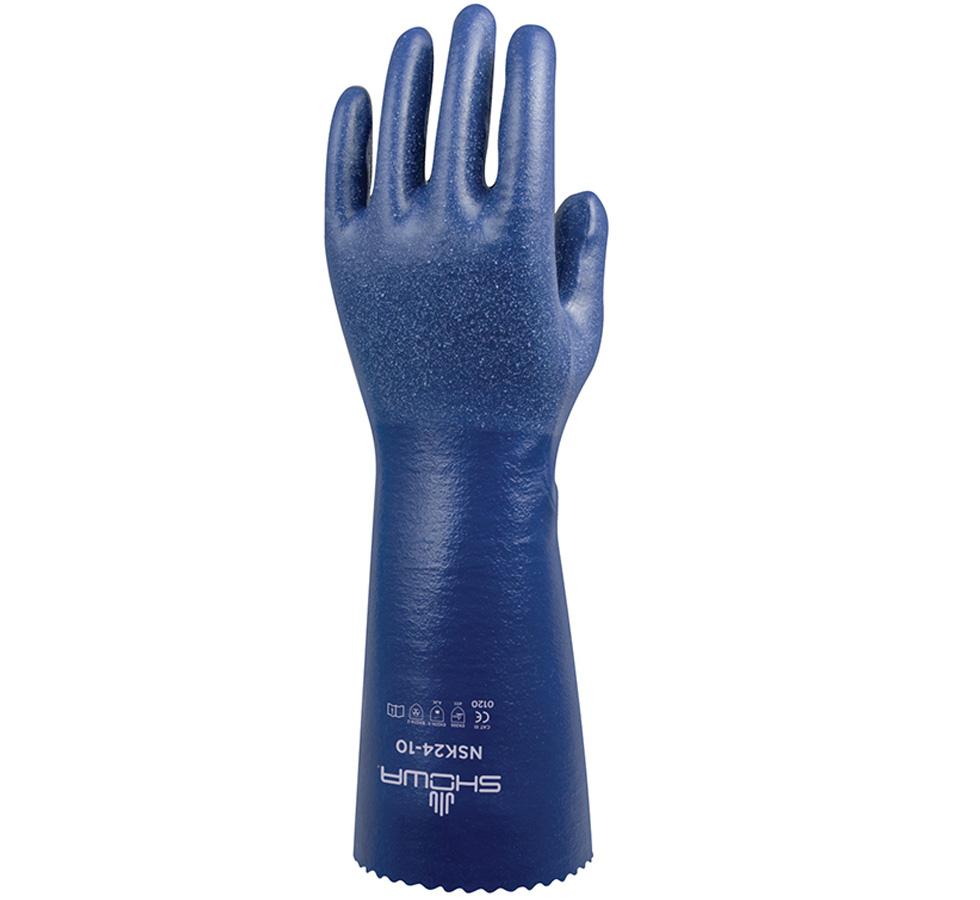 A Navy Coloured Showa Best NSK24 Nitrile Coated Long Length Cuff Glove with White Lettering, Cotton Interlock Liner, 100% Nitrile - Sentinel Laboratories Ltd