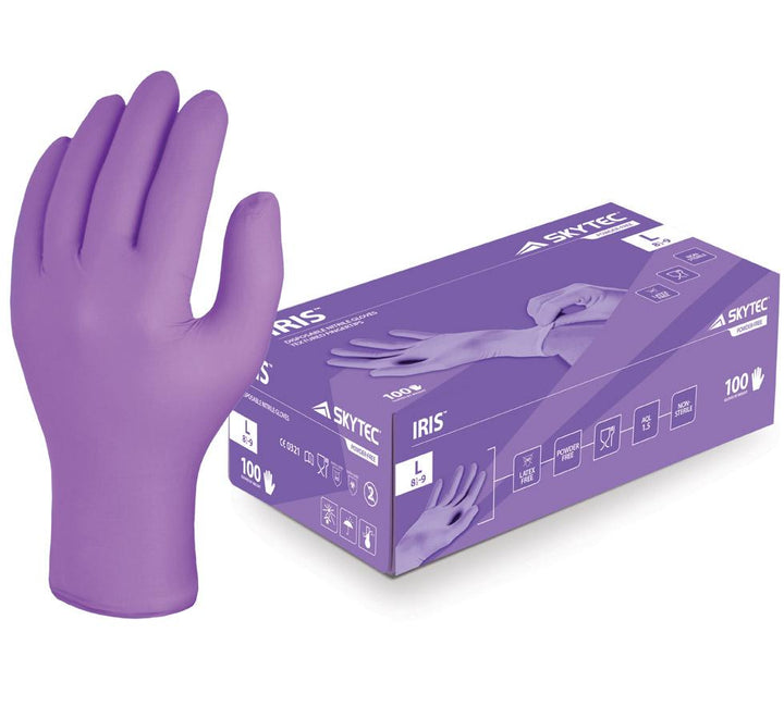 A Single Skytec Glove next to a Box of Skytec Iris Purple Nitrile Gloves - Sentinel Laboratories Ltd