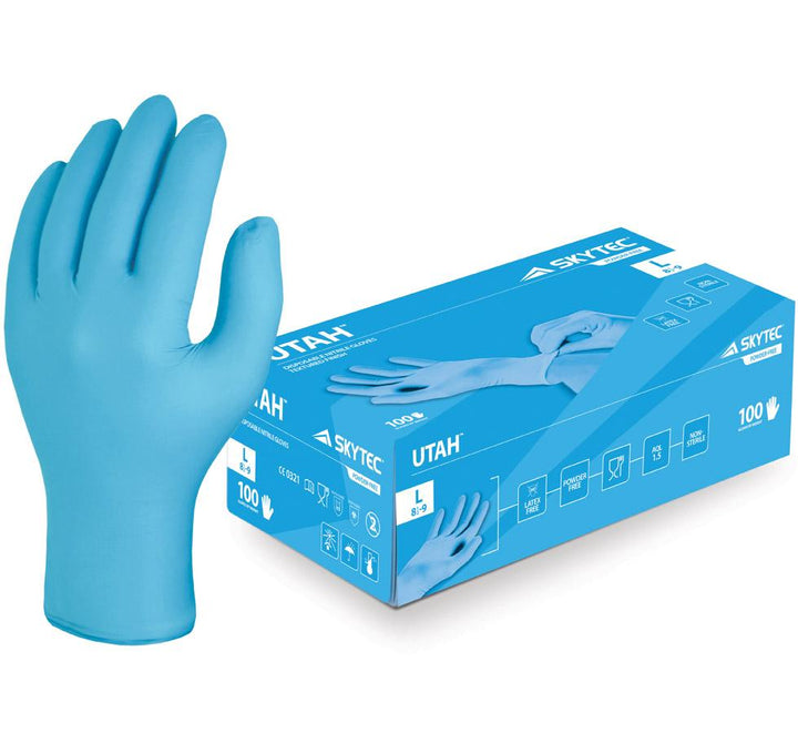 A Single Skytec Utah Blue Nitrile Glove next to a Full Box - Light Blue and White Box Design - Sentinel Laboratories Ltd