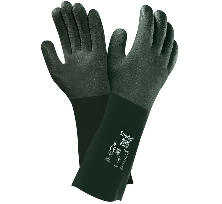 A Pair of Mossy Green Coloured Snorkel® 04-414 Gloves with Long Dark Green Cuff and White Lettering - Sentinel Laboratories Ltd