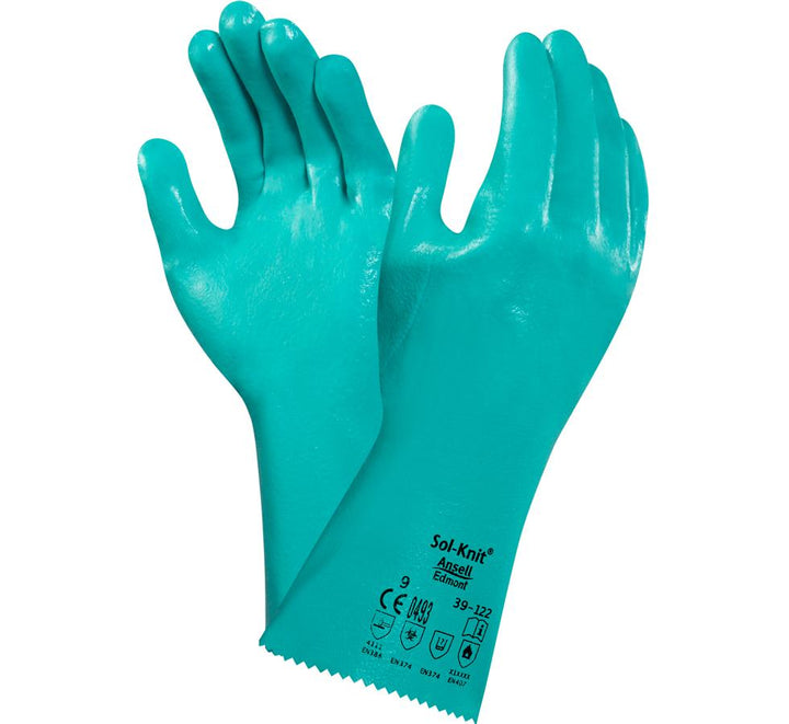 A Pair of Light Blue Shiny SOL-KNIT® 39-122 Gloves with Long Length Cuffs and Black Lettering - Sentinel Laboratories Ltd