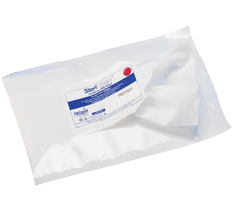An Opened White and Blue Pack of White Sterile SteriClean® IMS FloWrap Wipes - Sentinel Laboratories Ltd