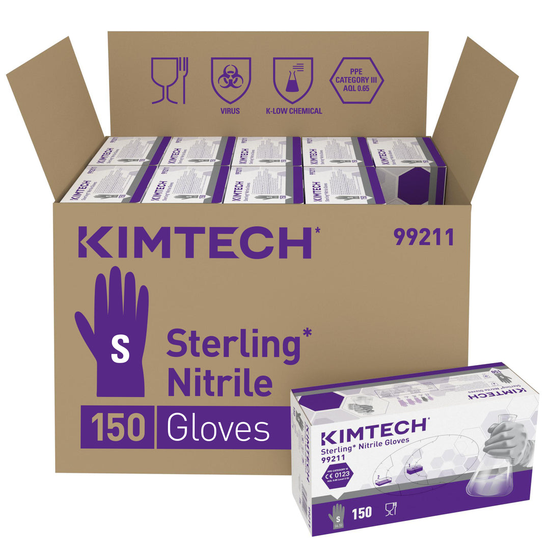 Open Case and White, Purple and Grey Box of KIMTECH* STERLING* Nitrile Gloves - 24cm Ambidextrous - 99210 - Sentinel Laboratories Ltd