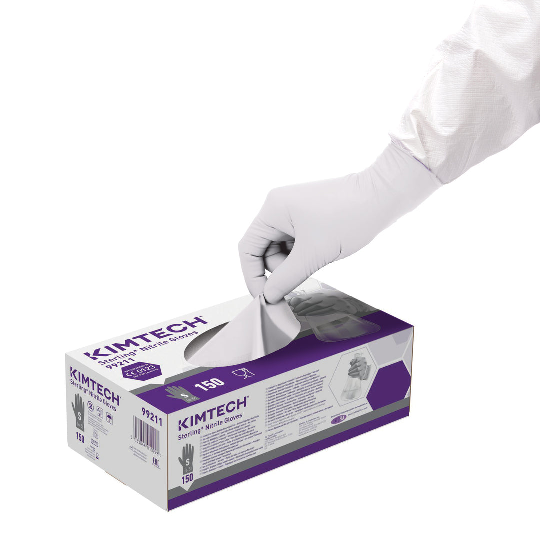 A White Gloved Hand Taking a White Glove from an Open Grey, White and Purple Box of KIMTECH* STERLING* Nitrile Gloves - 24cm Ambidextrous - 99210 - Sentinel Laboratories Ltd