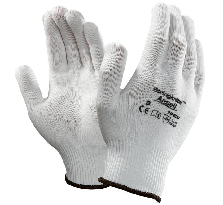 A Pair of White Knitted STRINGKNITS™ 76-200 Gloves with Black Beaded Cuffs and Black Lettering - Sentinel Laboratories Ltd
