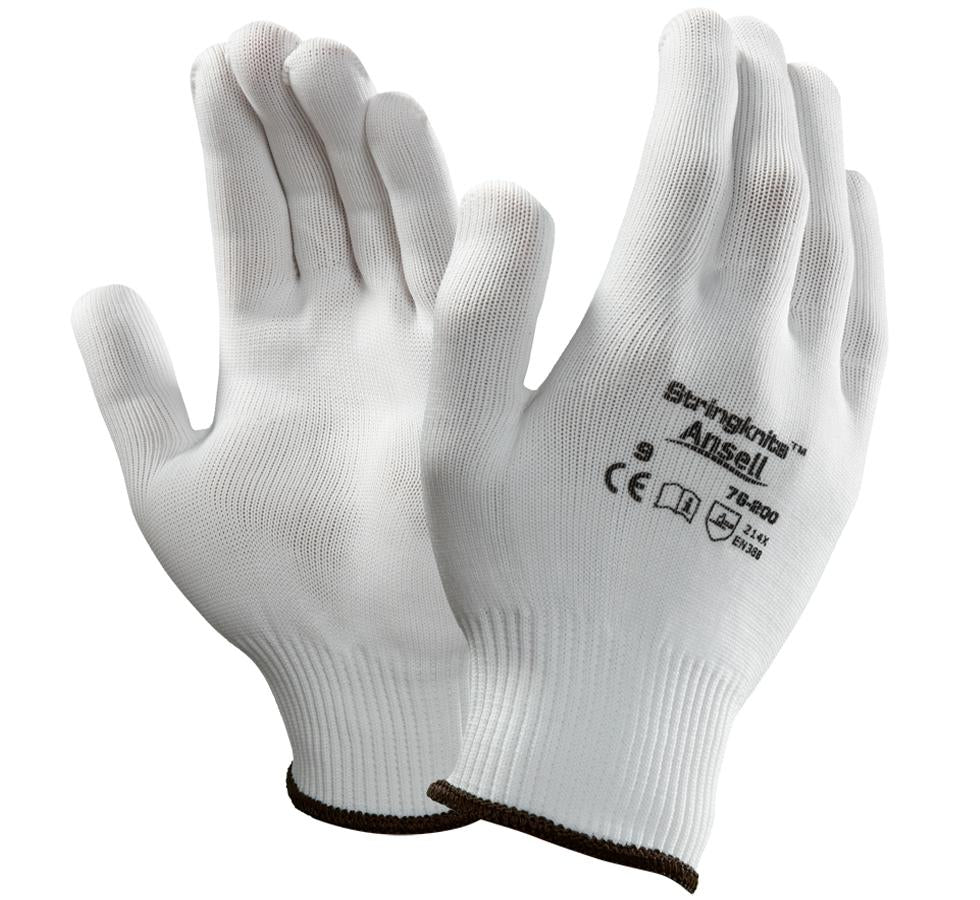 A Pair of White Knitted STRINGKNITS™ 76-202 Gloves with Black Lettering and Black Beaded Cuffs - Sentinel Laboratories Ltd