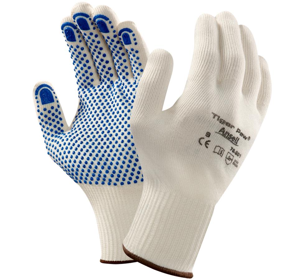 A Pair of White TIGER PAW® 76-301 Knitted Gloves with Blue Palm and Black Lettering - Sentinel Laboratories Ltd
