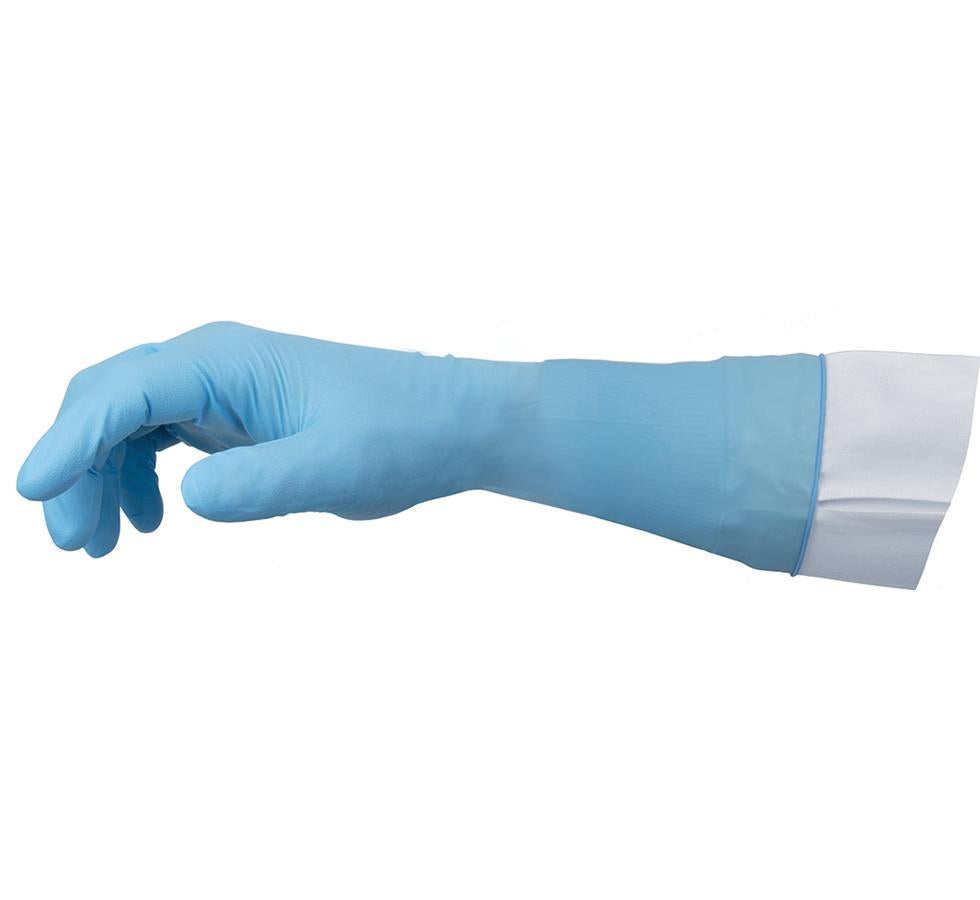 A Person Wearing a Long Length Cuff Sky Blue Coloured TOUCH N TUFF® 93-163 Nitrile Glove - Sentinel Laboratories Ltd