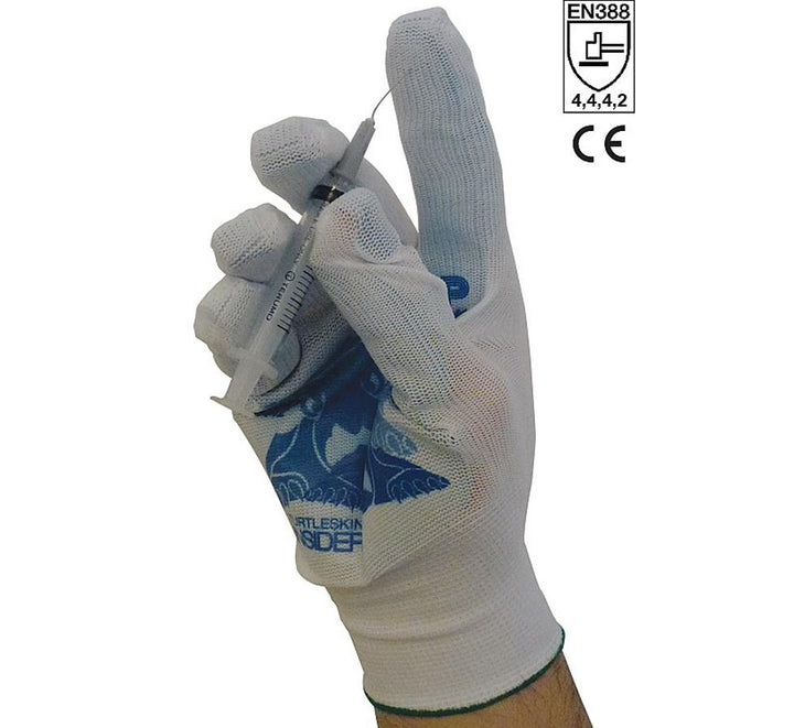 A Person Wearing a Single White and Blue Knitted TurtleSkin® CP Neon Insider 330 Glove Holding a Syringe - Sentinel Laboratories Ltd