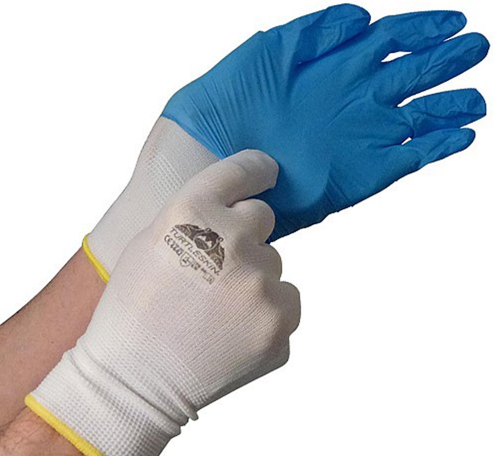A Pair of White TurtleSkin® CP Neon Insider 330 Gloves Liners Donning a Blue Glove on Top - Sentinel Laboratories Ltd