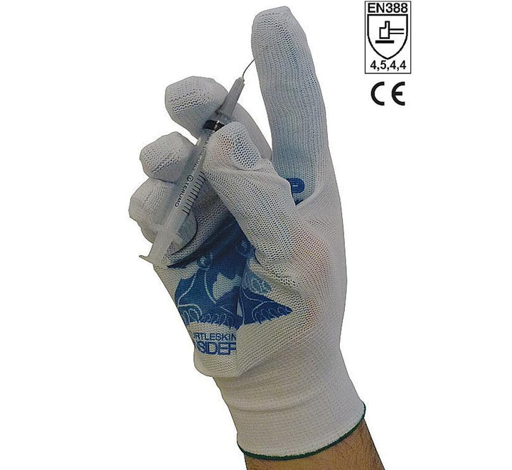 A Person Wearing a White and Blue TurtleSkin® CP Neon Insider 530 Glove Holding a Syringe - Sentinel Laboratories Ltd