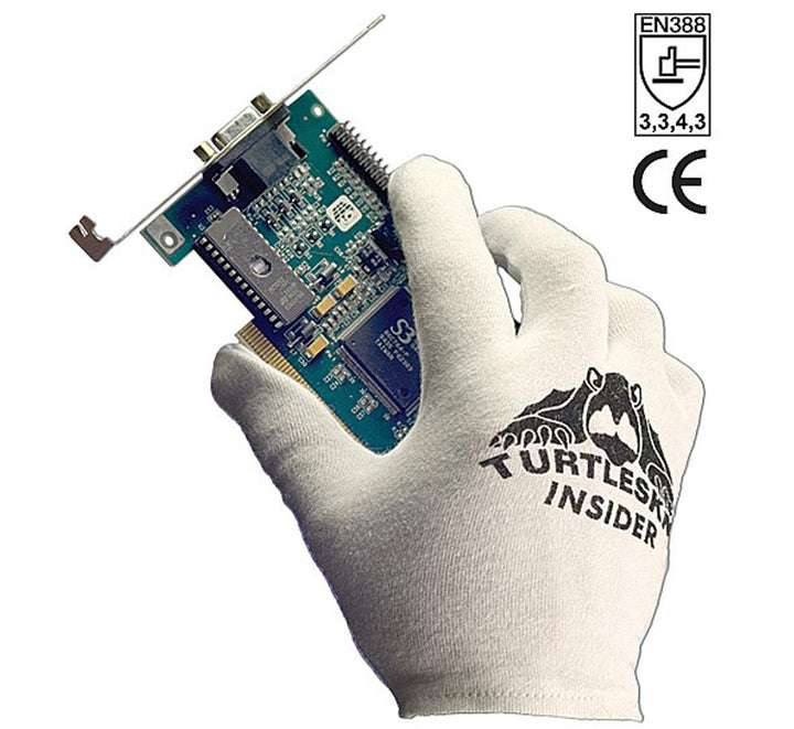 A Single Hand Wearing a White and Black TurtleSkin® Insider Plus Glove Holding a Computer PCB - Sentinel Laboratories Ltd