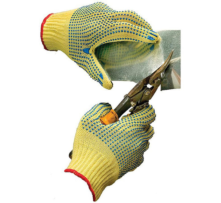 A Person Wearing a Pair of Yellow and Blue TurtleSkin® SafeHandler Gloves Cutting a Piece of Metal With a Metal Cutter - Sentinel Laboratories Ltd