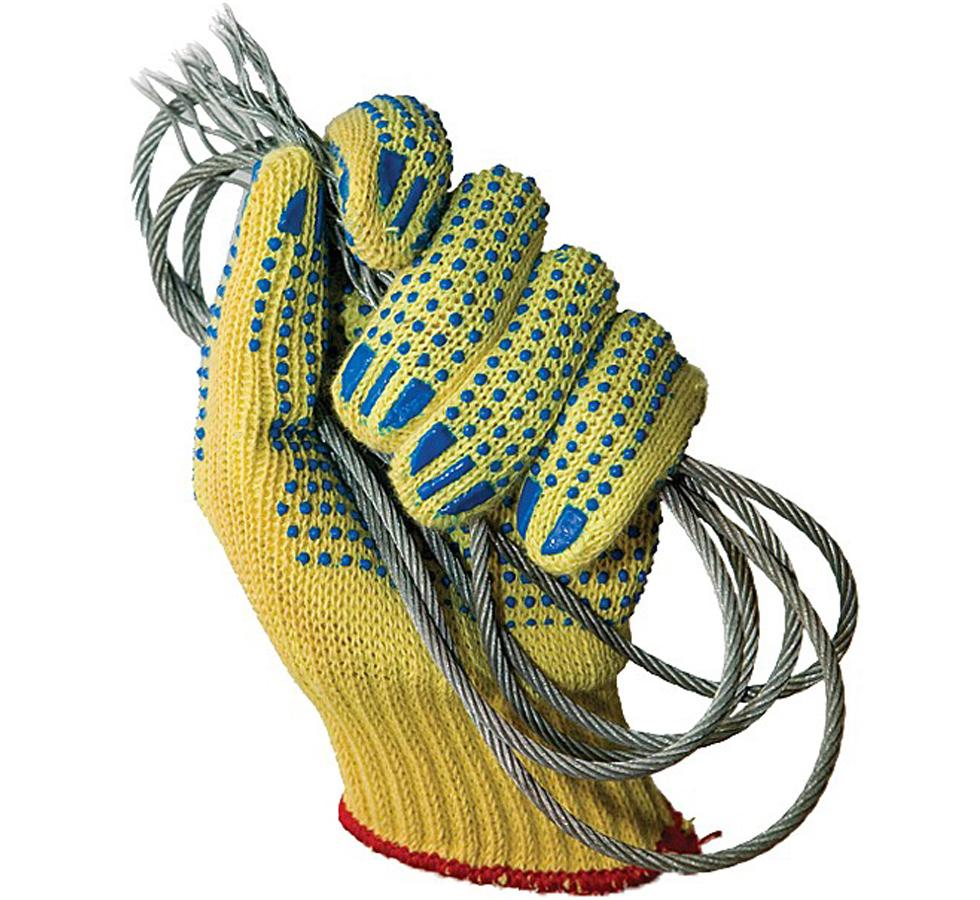A Single Yellow and Blue TurtleSkin® SafeHandler Glove Holding a Bunch of Metal Cords - Sentinel Laboratories Ltd