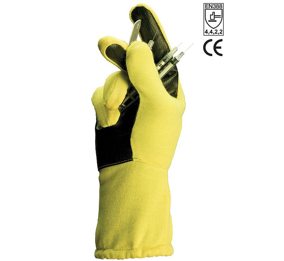 A Person Wearing a Yellow and Black Palm TurtleSkin® SevereGear Plus Long Length Cuff Holding Several Small Syringes - Sentinel Laboratories Ltd